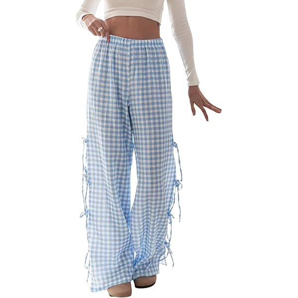 MBZJSDKHLK Women Y2K Gingham Pants High Elastic Waist Bow